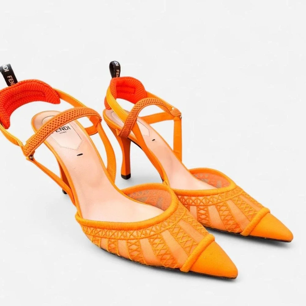 Fendi Colibri Orange Mesh Slingback Pumps Neon Pointed Toe Kitten Heels 36.5